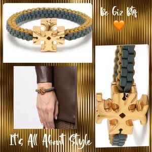 NWT Tory Burch Authentic Roxanne Goldtone & Green Yellow Leather Woven Bracelet